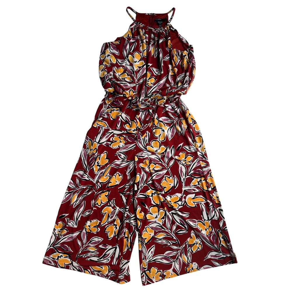 Maggy London Red Floral Halter Neck Wide Leg Jumpsuit Size 6 Tie Waist